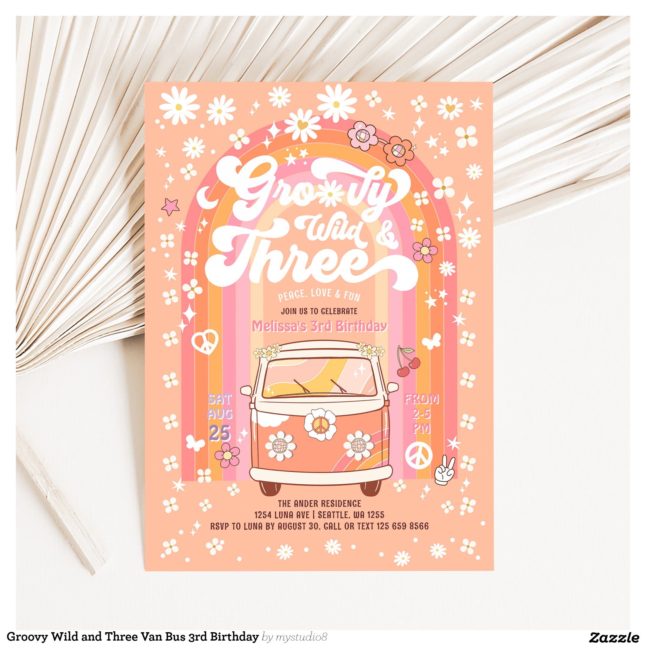 Groovy Wild and Three Van Bus 3rd Birthday Invitation