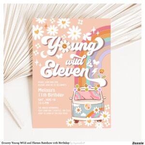 Groovy Young Wild and Eleven Rainbow 11th Birthday Invitation