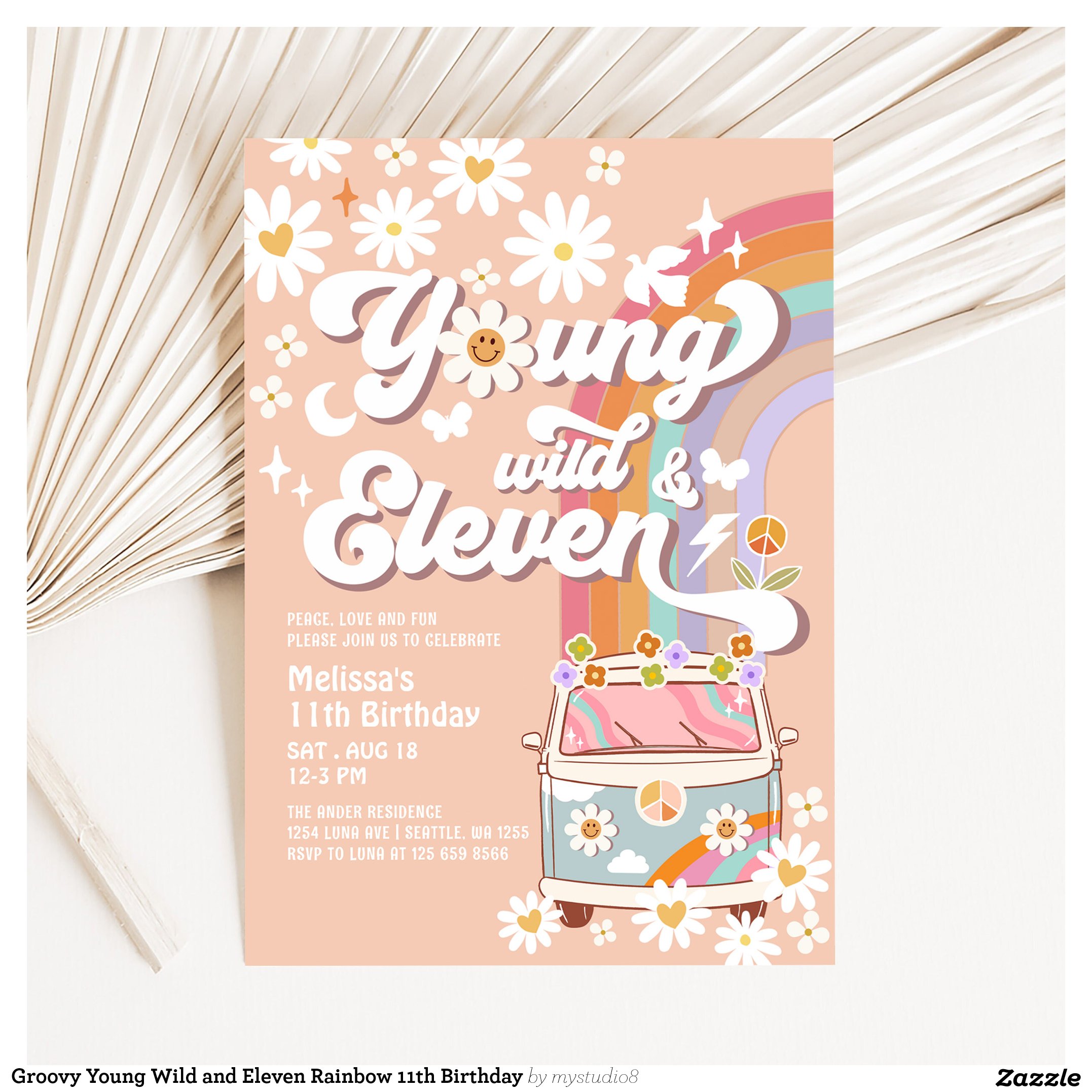 Groovy Young Wild and Eleven Rainbow 11th Birthday Invitation