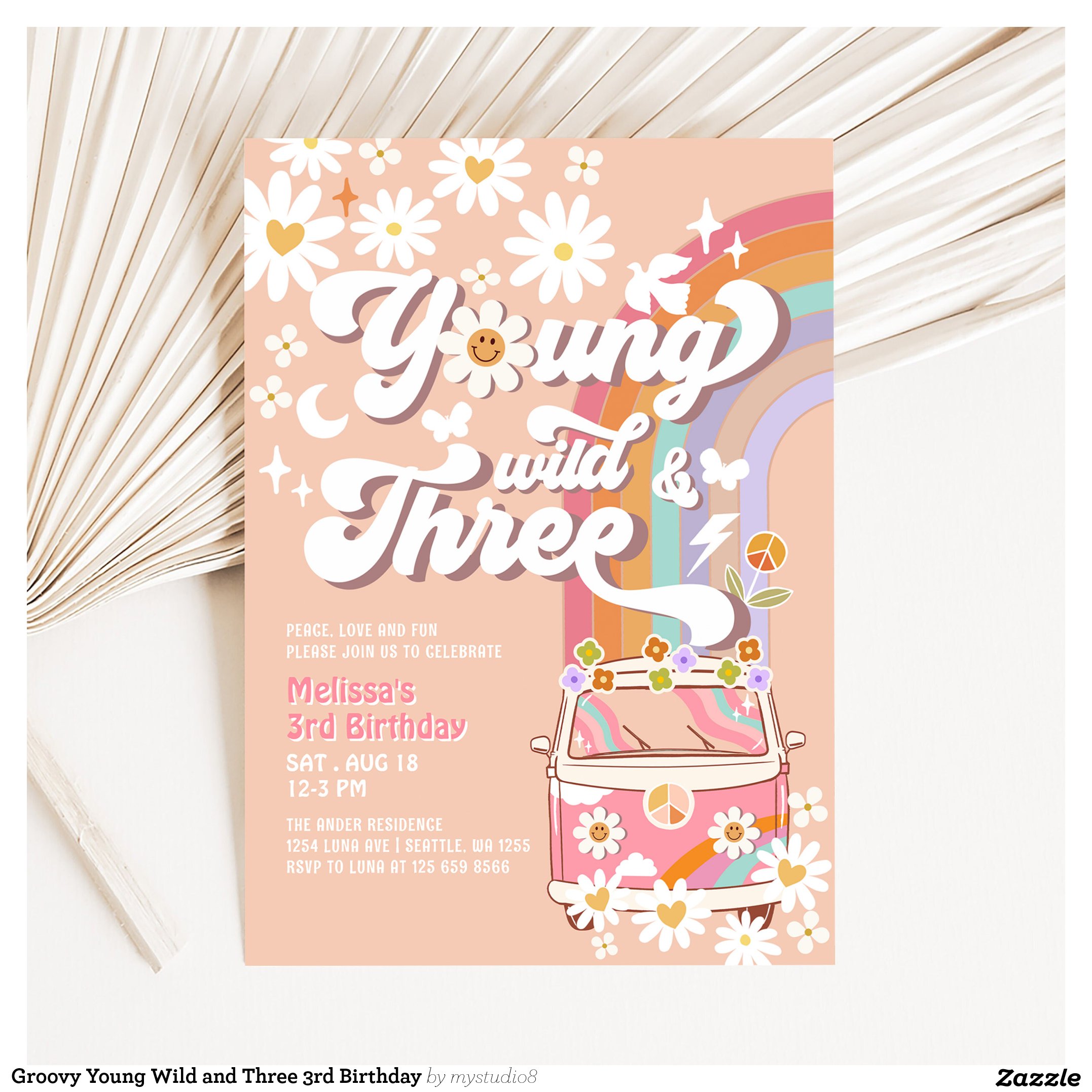 Groovy Young Wild and Three 3rd Birthday Invitation