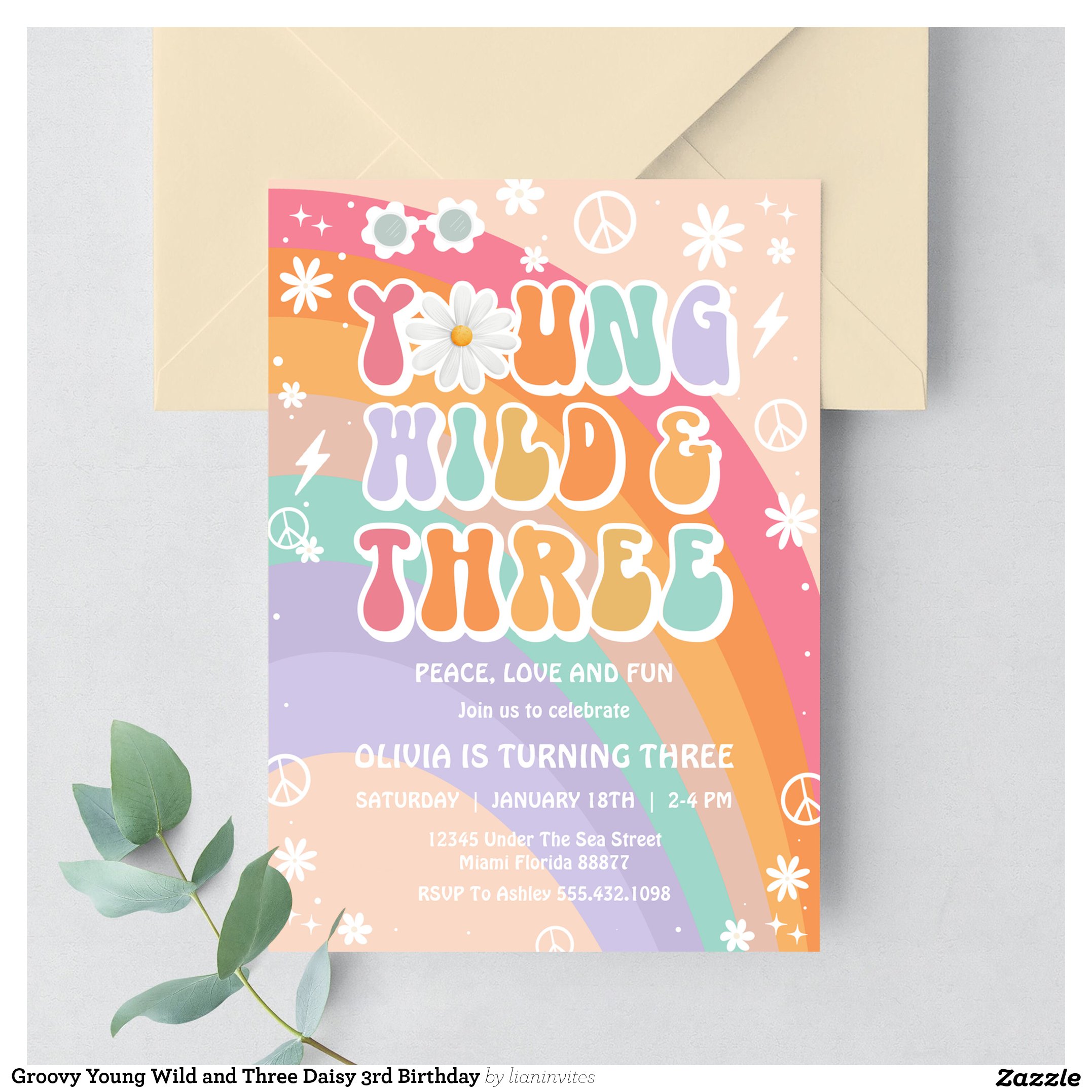 Groovy Young Wild and Three Daisy 3rd Birthday Invitation