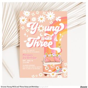 Groovy Young Wild and Three Daisy 3rd Birthday Invitation