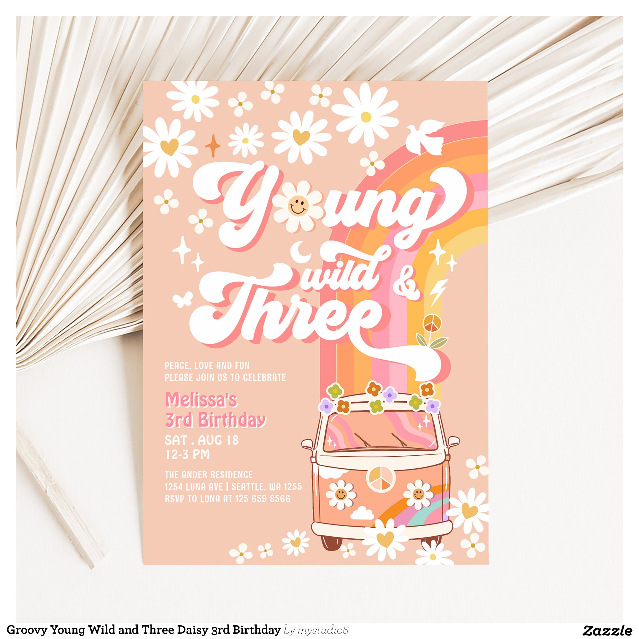 Groovy Young Wild and Three Daisy 3rd Birthday Invitation