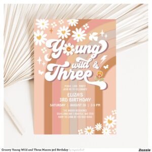 Groovy Young Wild and Three Mauve 3rd Birthday Invitation