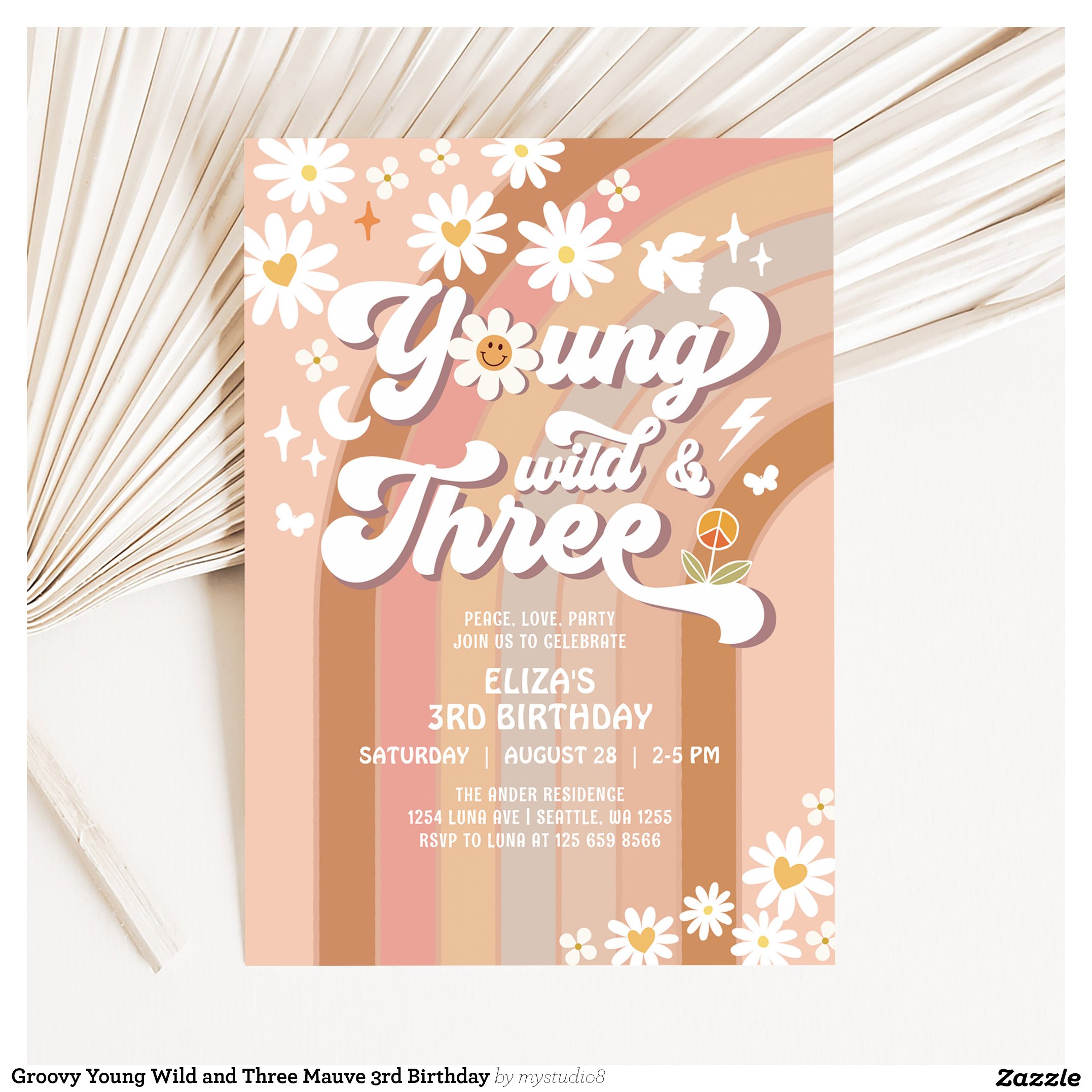 Groovy Young Wild and Three Mauve 3rd Birthday Invitation