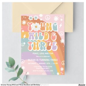 Groovy Young Wild and Three Rainbow 3rd Birthday Invitation