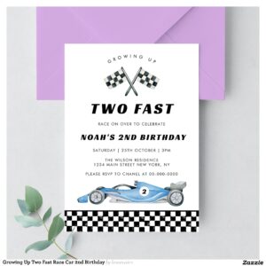 Growing Up Two Fast Race Car 2nd Birthday Invitation