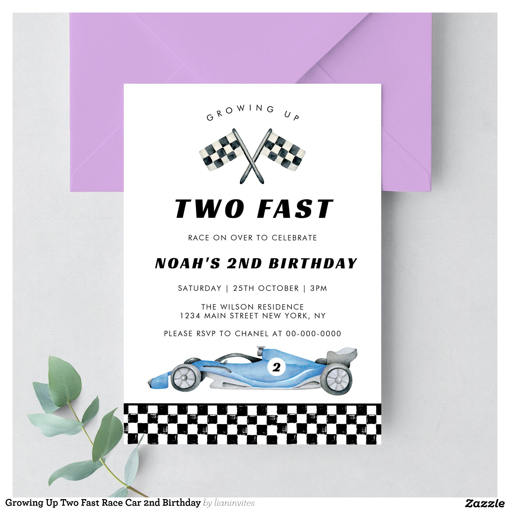 Growing Up Two Fast Race Car 2nd Birthday Invitation