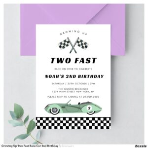 Growing Up Two Fast Race Car 2nd Birthday Invitation