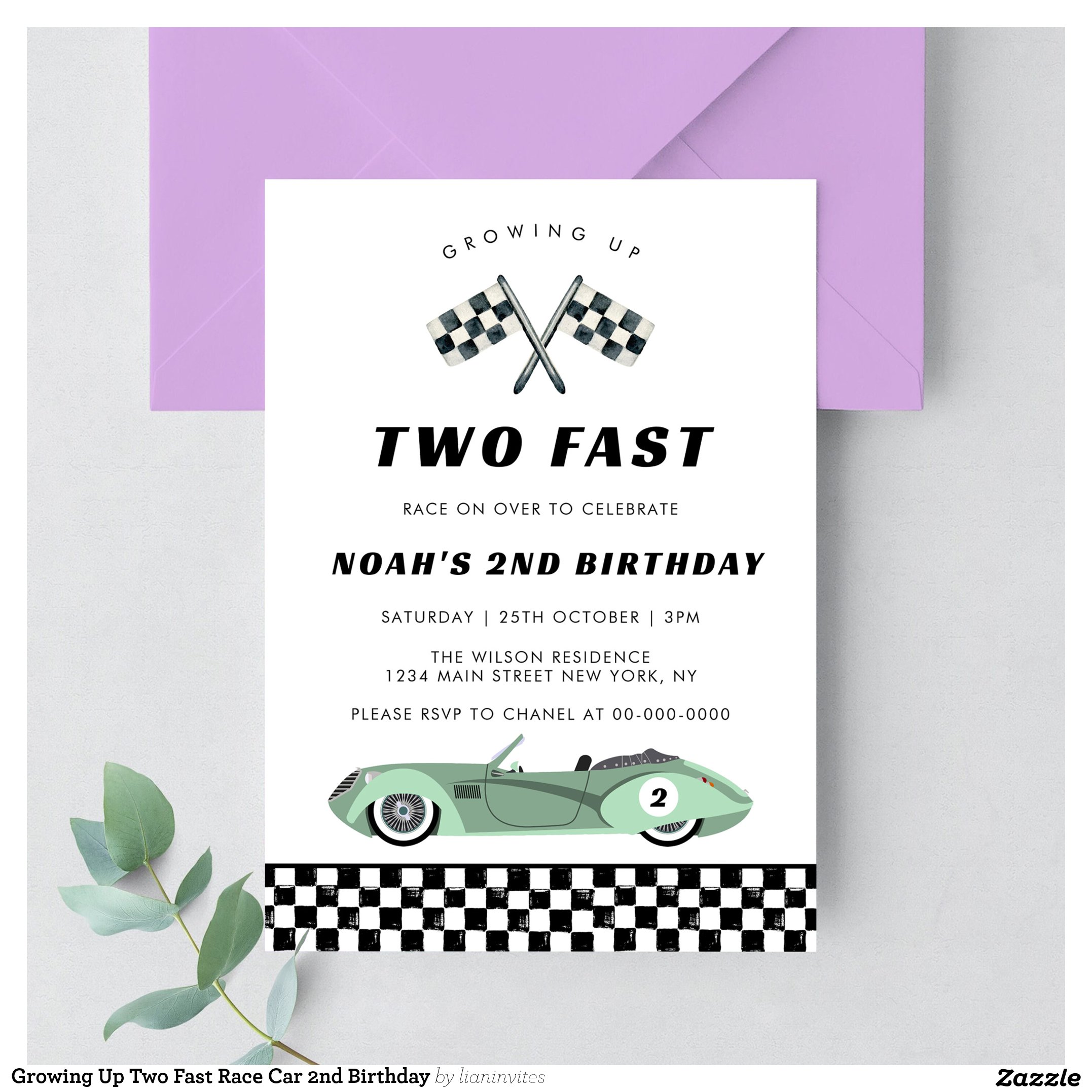 Growing Up Two Fast Race Car 2nd Birthday Invitation