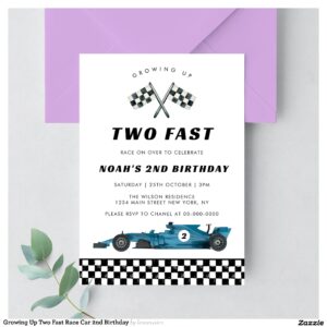 Growing Up Two Fast Race Car 2nd Birthday Invitation