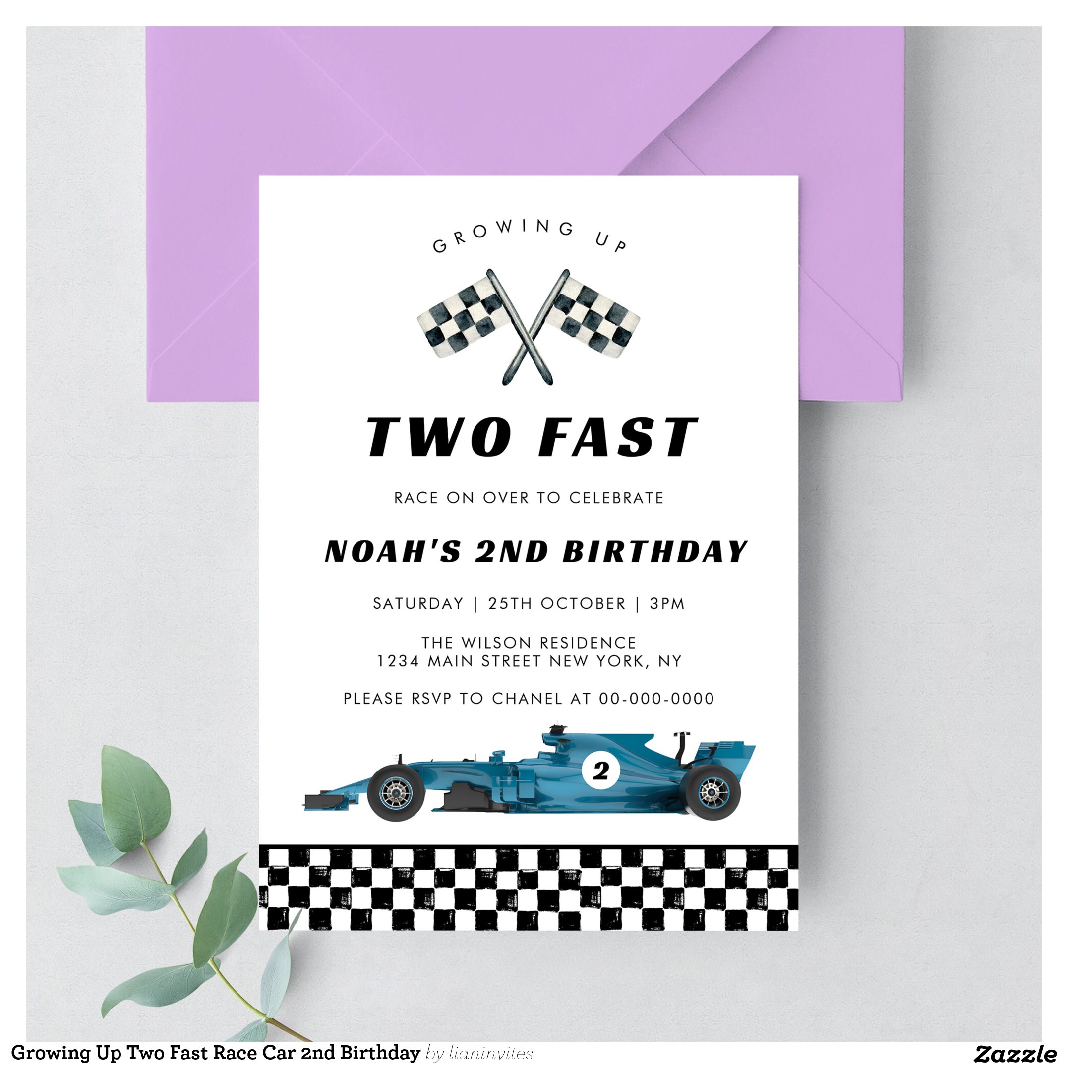 Growing Up Two Fast Race Car 2nd Birthday Invitation