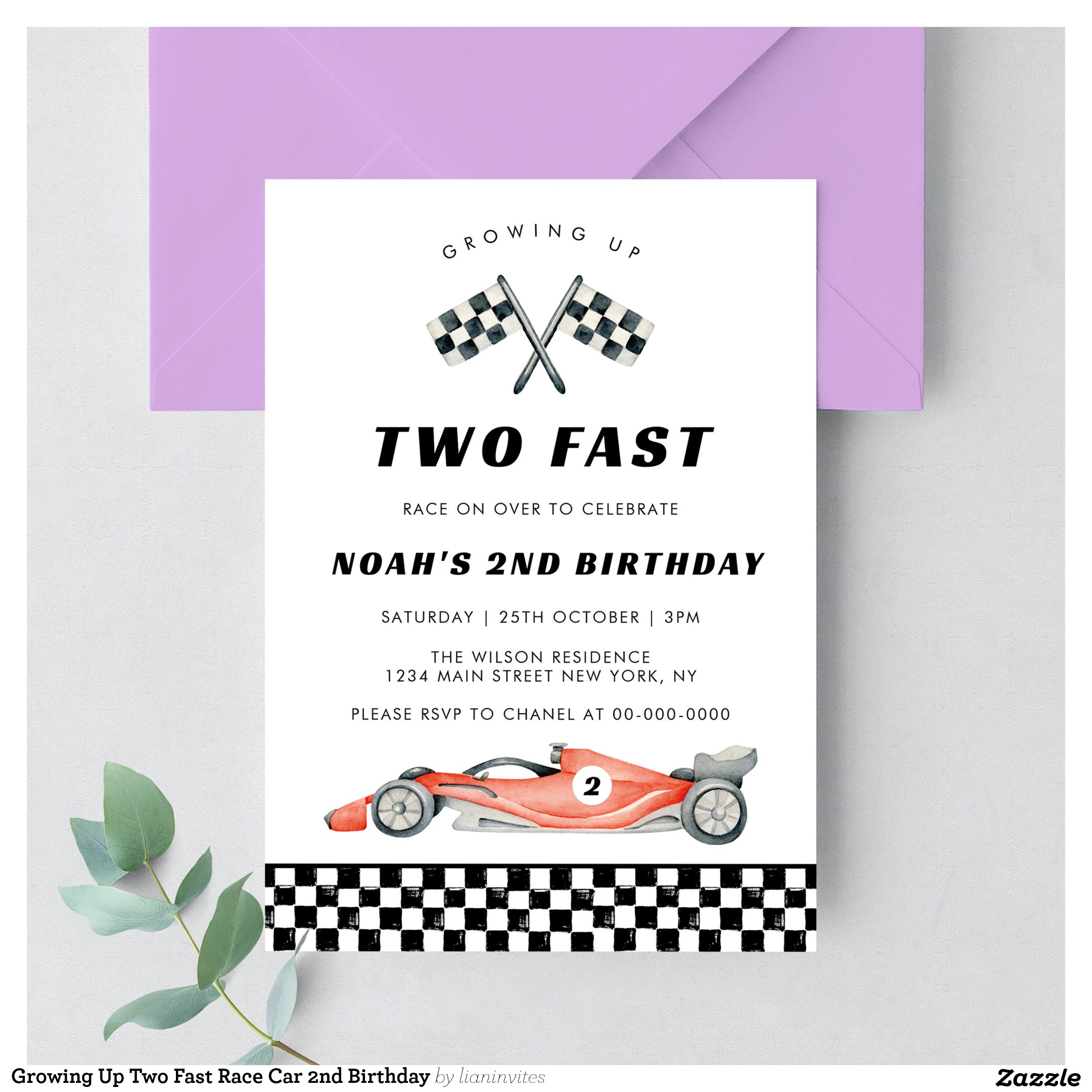 Growing Up Two Fast Race Car 2nd Birthday Invitation
