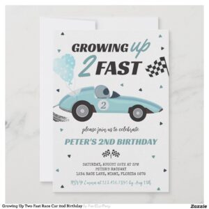 Growing Up Two Fast Race Car 2nd Birthday Invitation