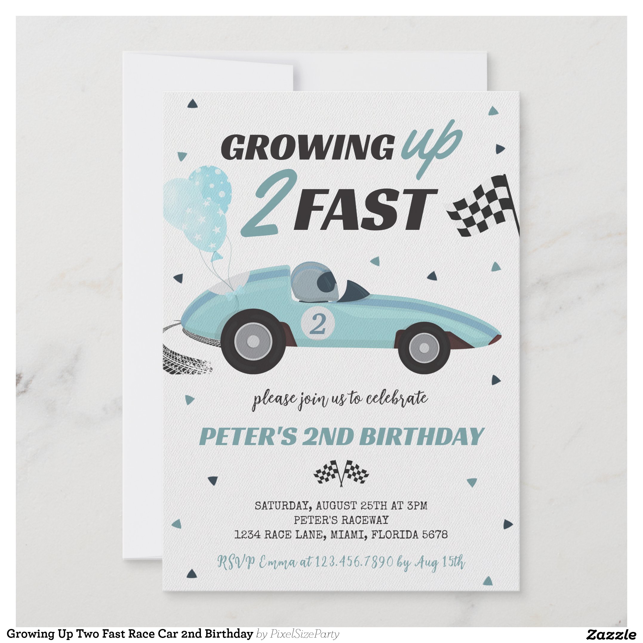 Growing Up Two Fast Race Car 2nd Birthday Invitation
