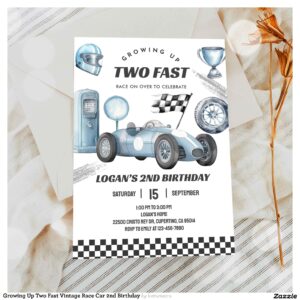 Growing Up Two Fast Vintage Race Car 2nd Birthday Invitation