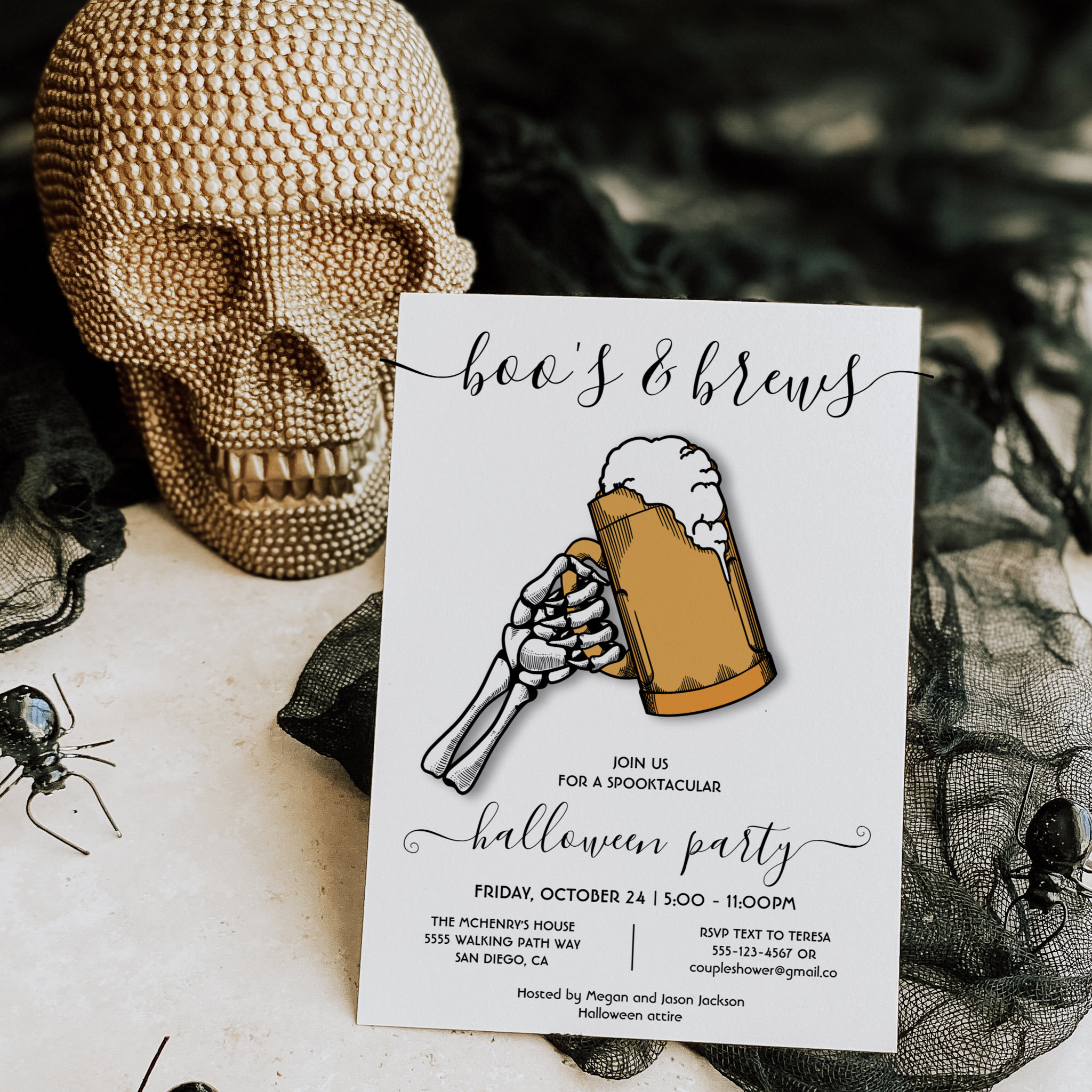 Halloween boo's and brews skeleton beer party invi invitation
