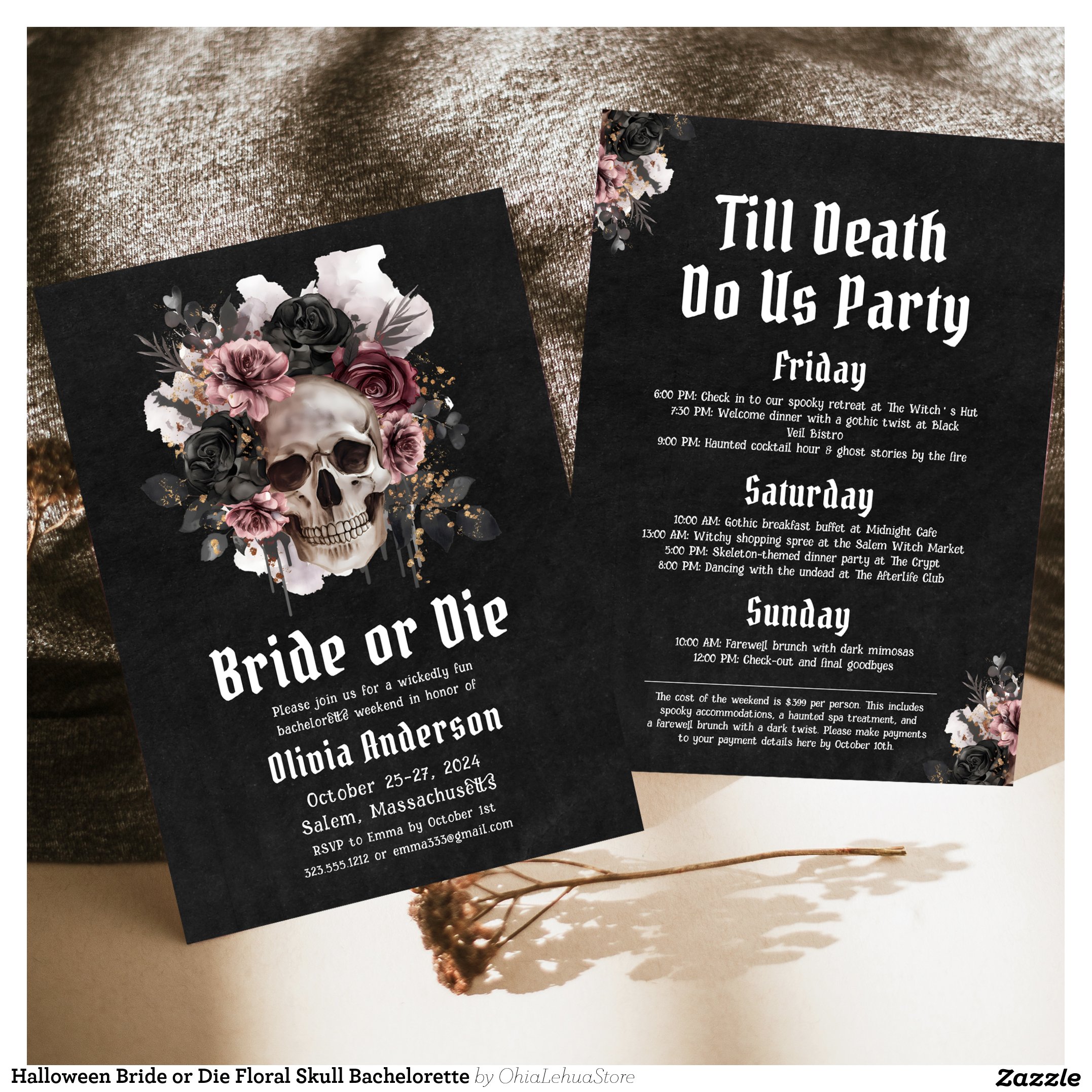 Halloween Bride or Die Floral Skull Bachelorette Invitation