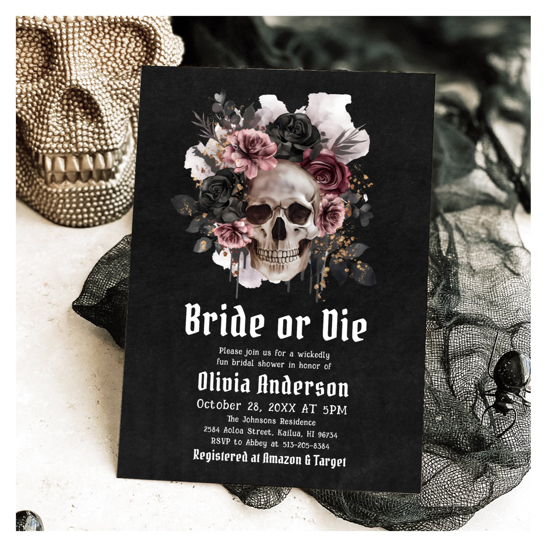 Halloween Floral Skull Bride or Die Bridal Shower Invitation