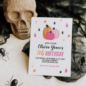 Halloween Girl Birthday Pink Pumpkins Stars Invita Invitation