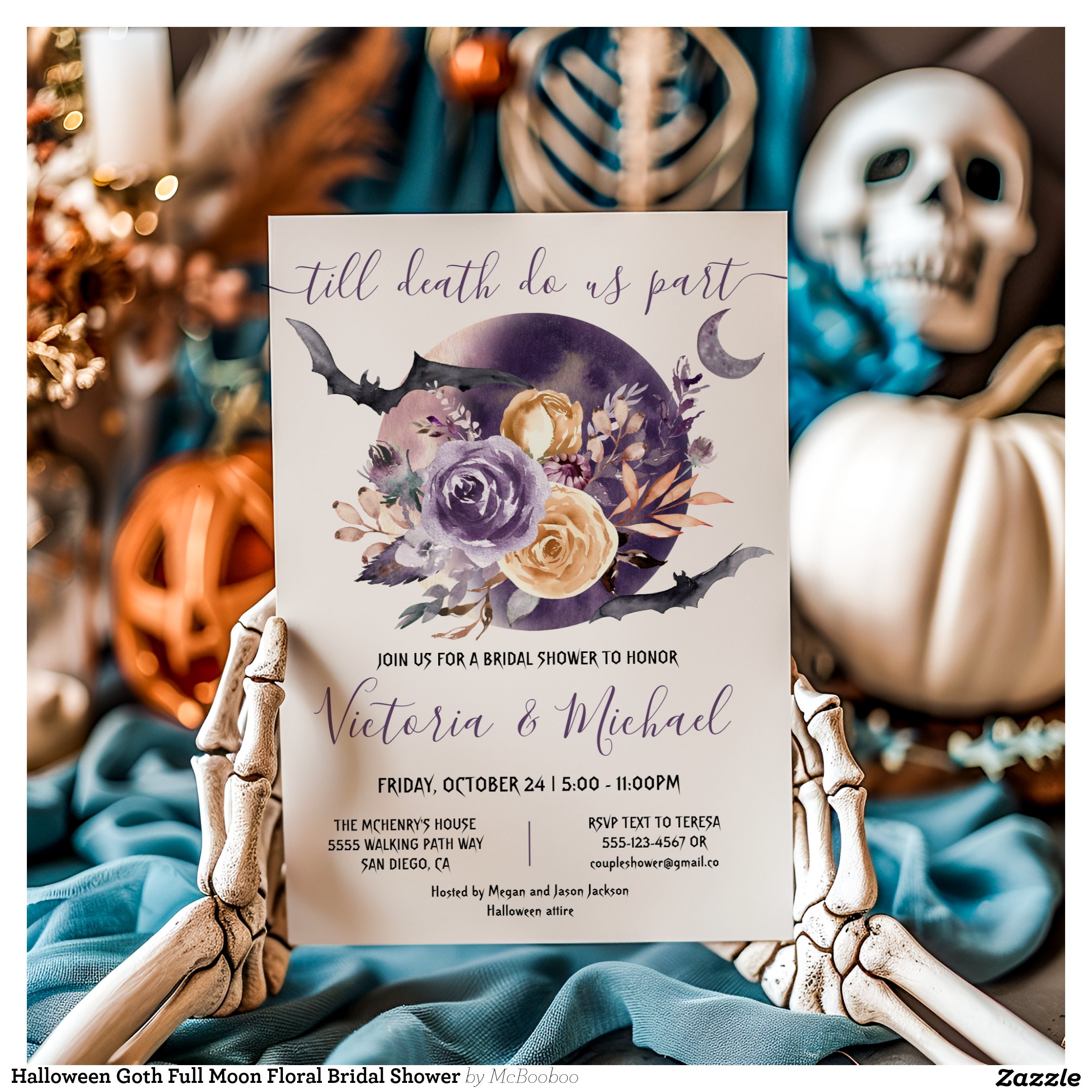 Halloween Goth Full Moon Floral Bridal Shower Invitation