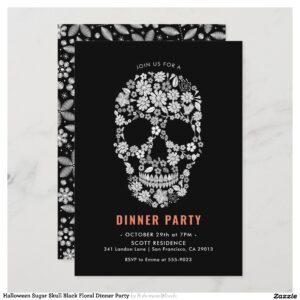 Halloween Sugar Skull Black Floral Dinner Party Invitation