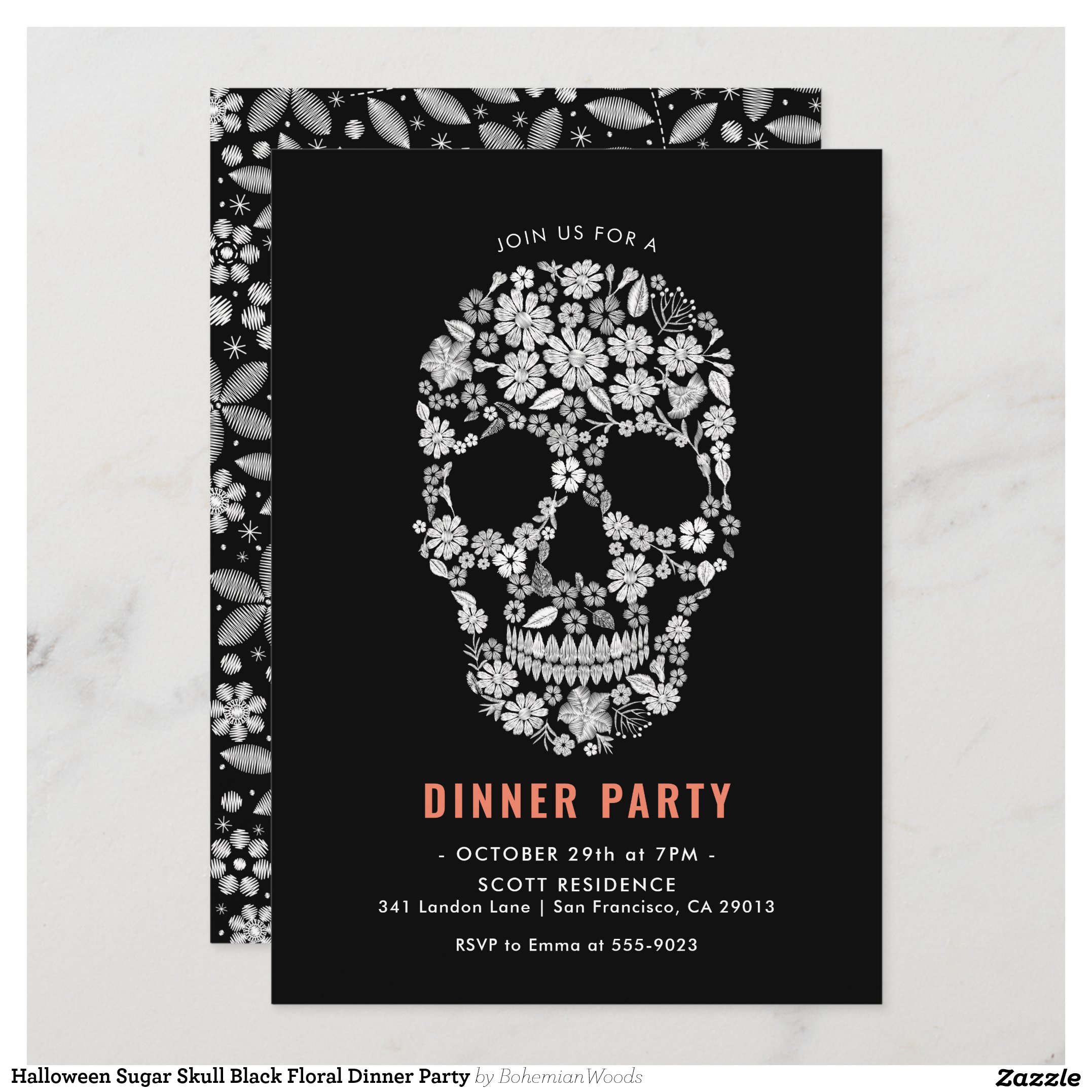 Halloween Sugar Skull Black Floral Dinner Party Invitation