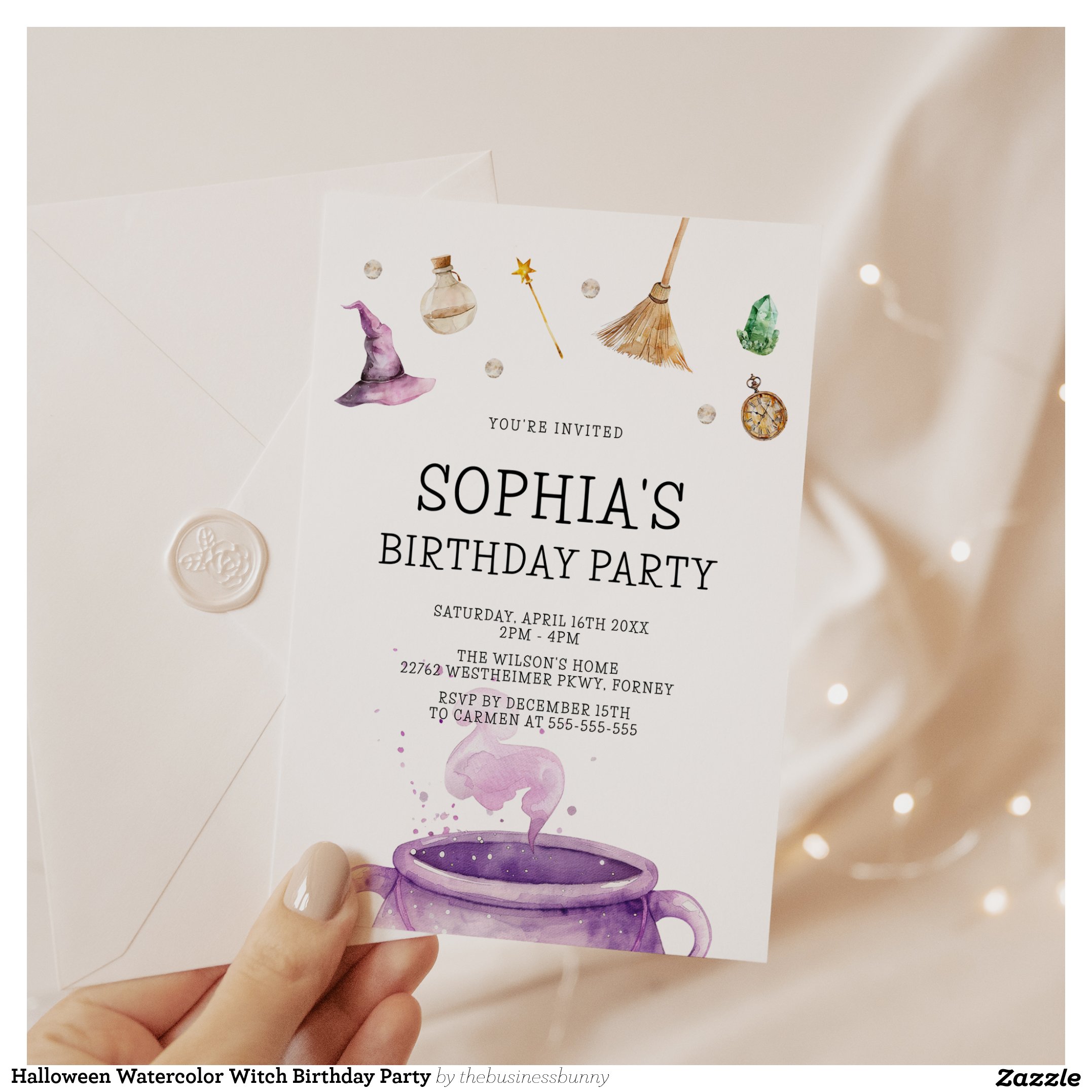 Halloween Watercolor Witch Birthday Party Invitation