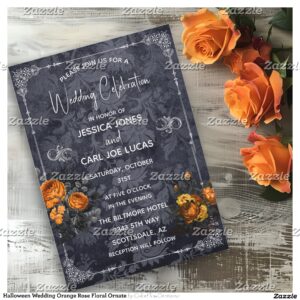 Halloween Wedding Orange Rose Floral Ornate Invitation