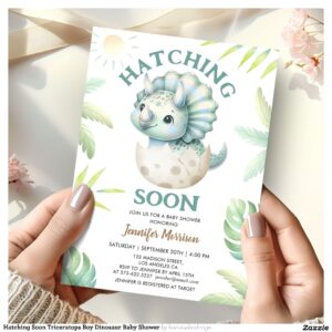 Hatching Soon Triceratops Boy Dinosaur Baby Shower Invitation