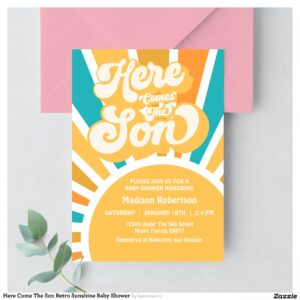Here Come The Son Retro Sunshine Baby Shower Invitation
