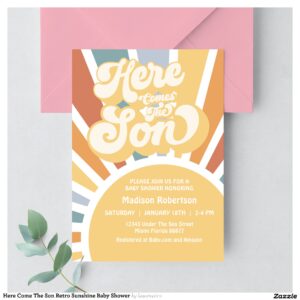 Here Come The Son Retro Sunshine Baby Shower Invitation