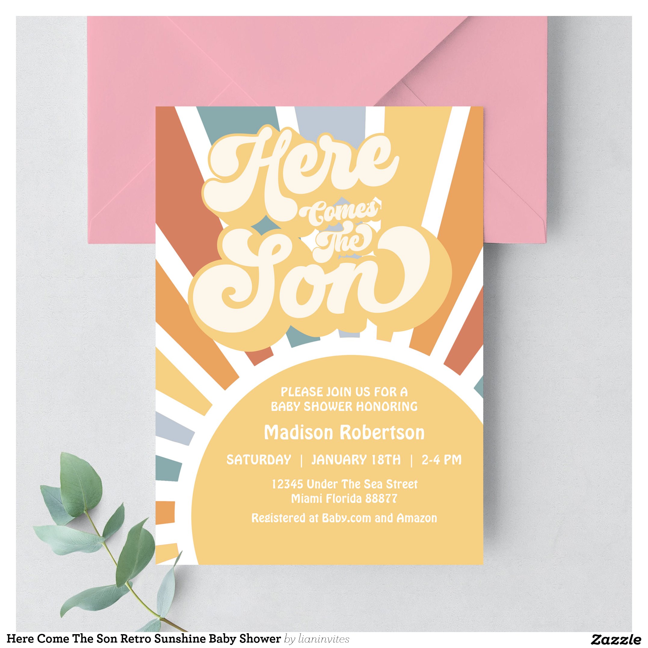 Here Come The Son Retro Sunshine Baby Shower Invitation