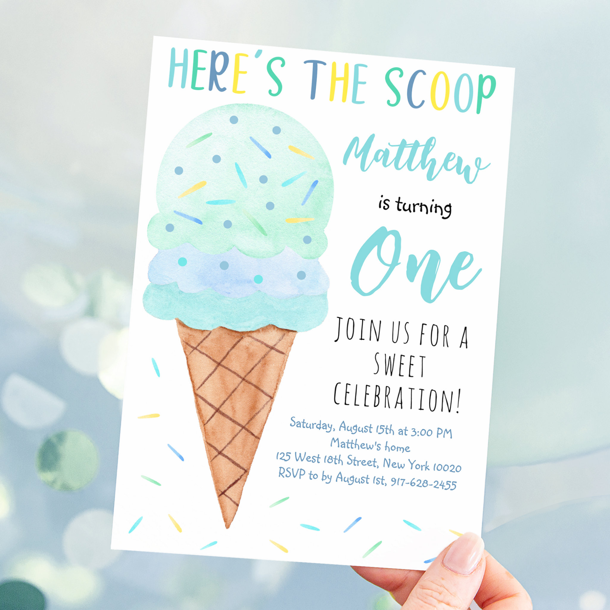 Here's The Scoop Blue Boy Ice Cream Birthday Invitation