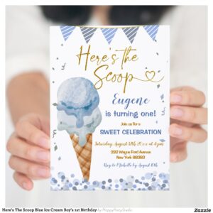 Here's The Scoop Blue Ice Cream Boy's 1st Birthday Invitation