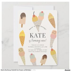 Here's the Scoop Colorful Ice Cream 1st Birthday Invitation