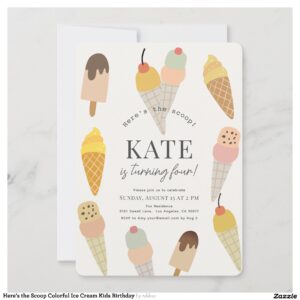 Here's the Scoop Colorful Ice Cream Kids Birthday Invitation