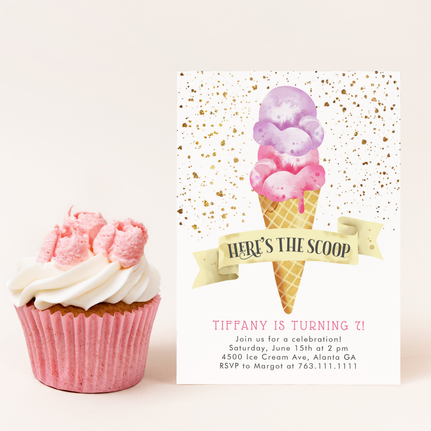 Here's the Scoop Girl Ice Cream Birthday Party Invitation