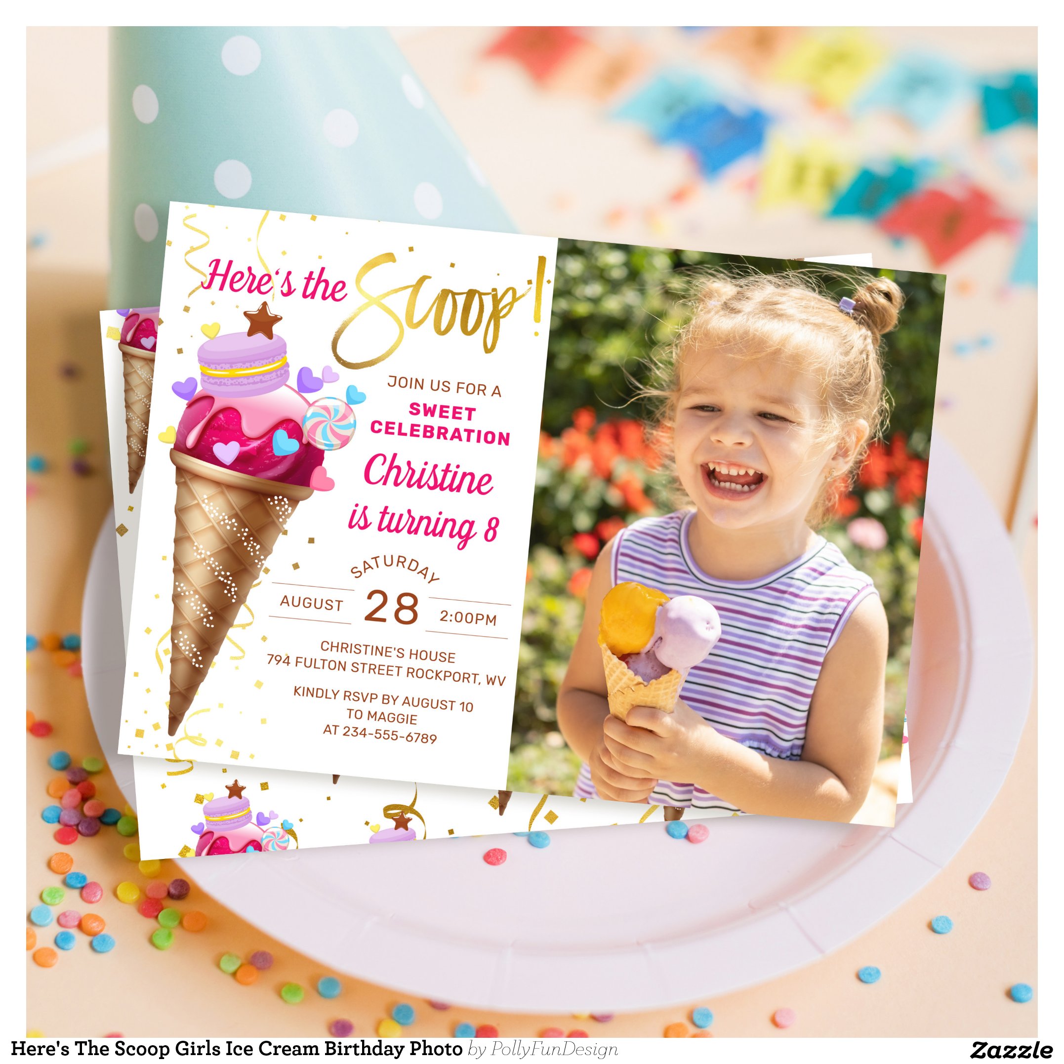 Here's The Scoop Girls Ice Cream Birthday Photo Invitation