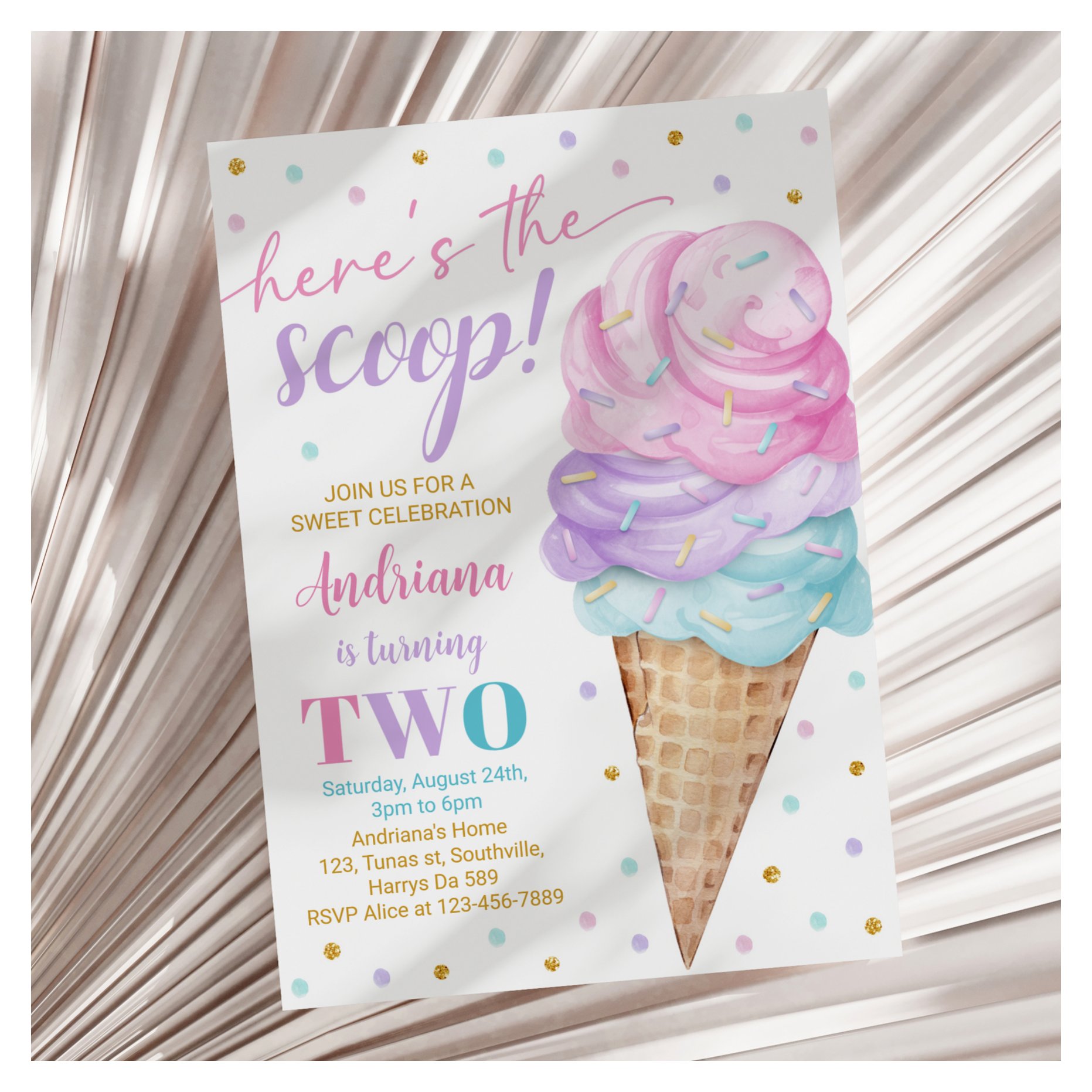 Here's the Scoop Girls Ice Cream Second Birthday Invitation