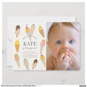 Here's the Scoop Ice Cream 1st Birthday Photo Invitation