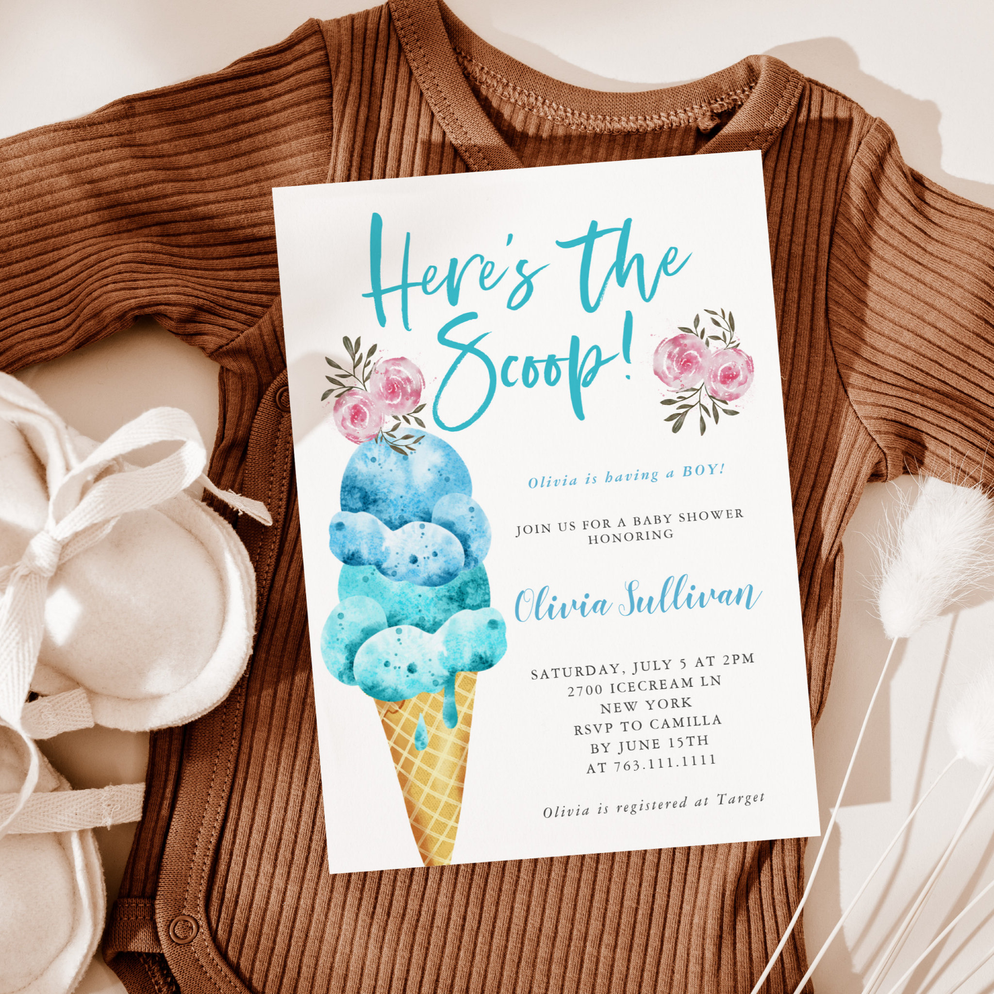 Here's the Scoop Ice Cream Boy Baby Shower Invitation