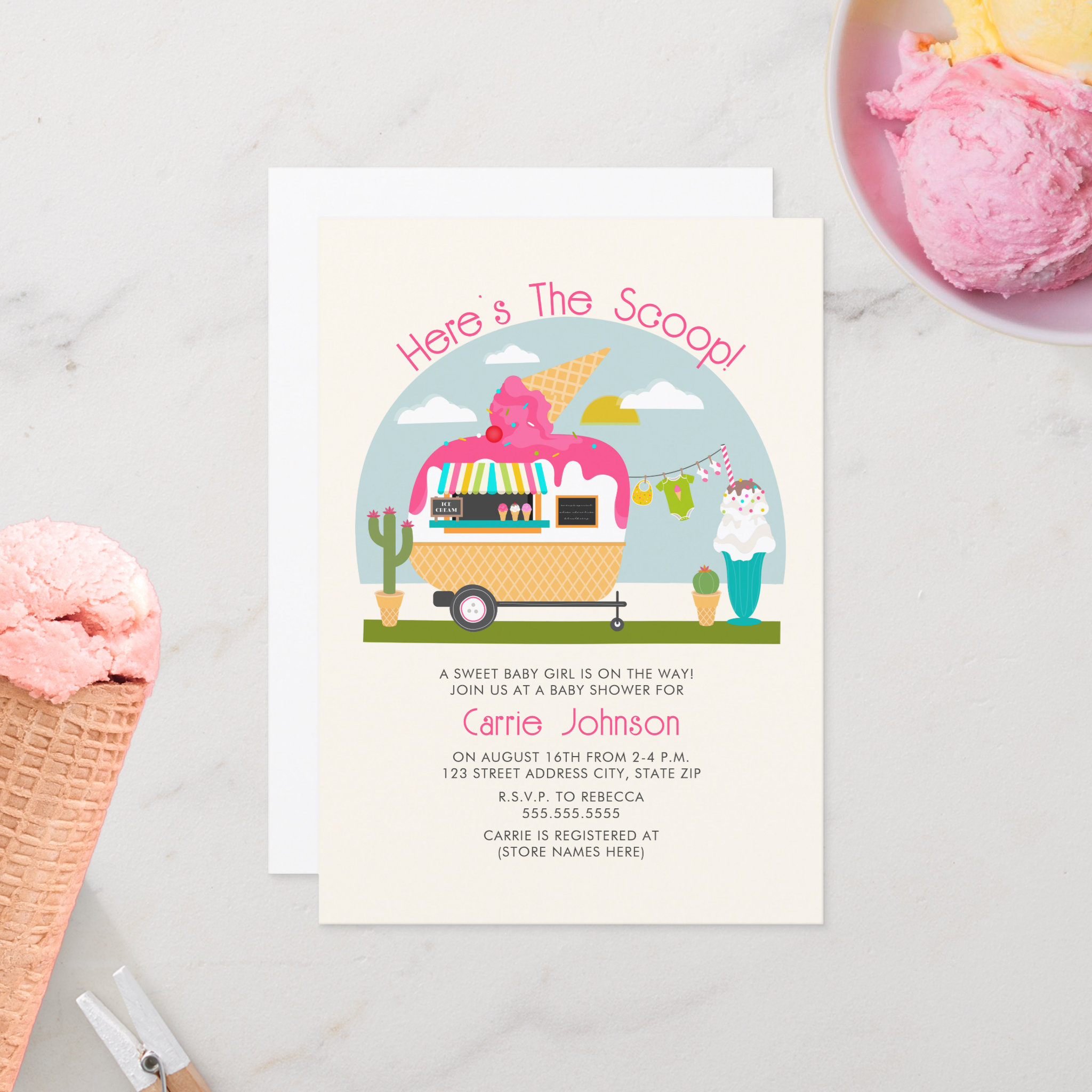 Here's The Scoop Ice Cream Camper Girl Baby Shower Invitation
