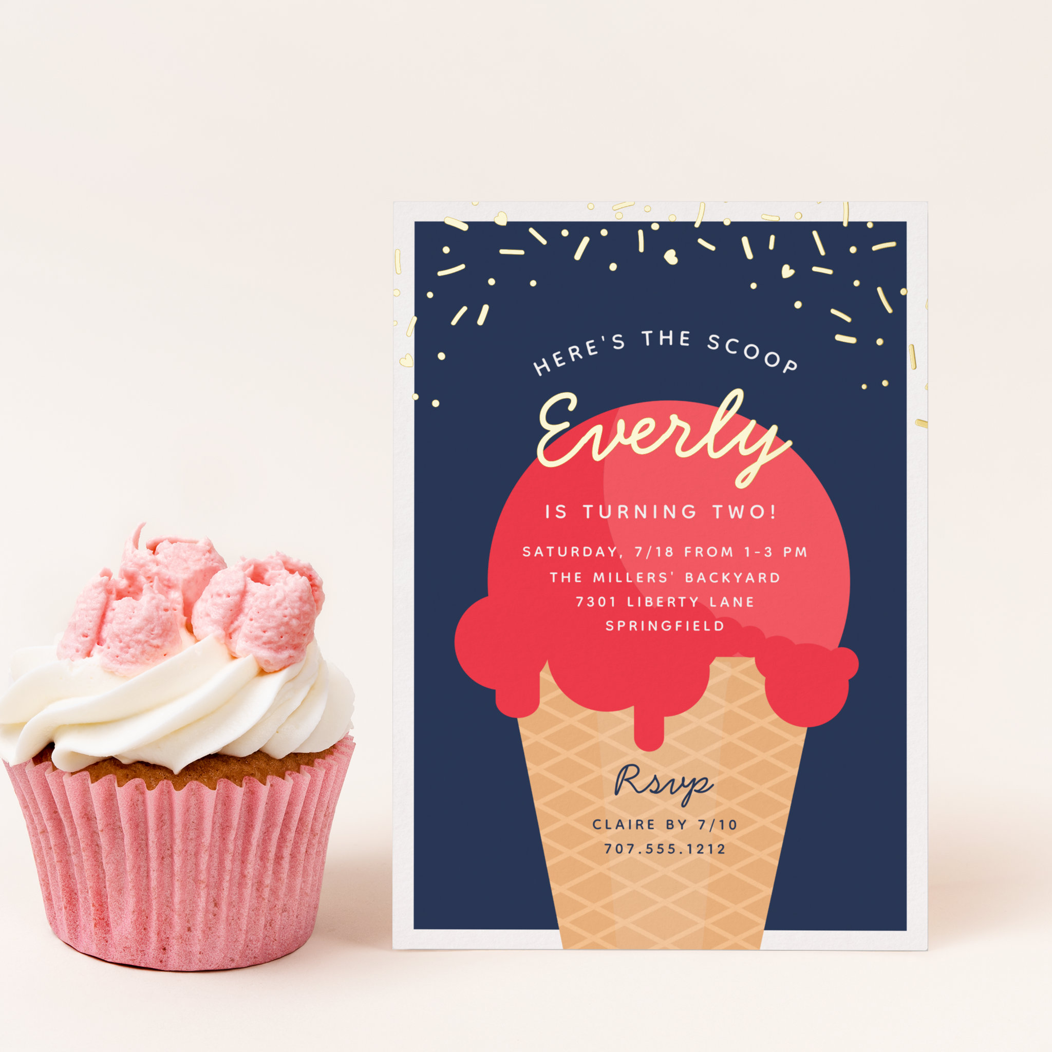Here's The Scoop Ice Cream Cone Kid Birthday Party Foil Invitation