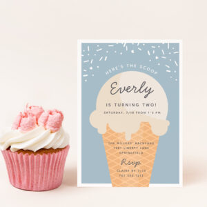 Here's The Scoop Ice Cream Cone Kid Birthday Party Invitation