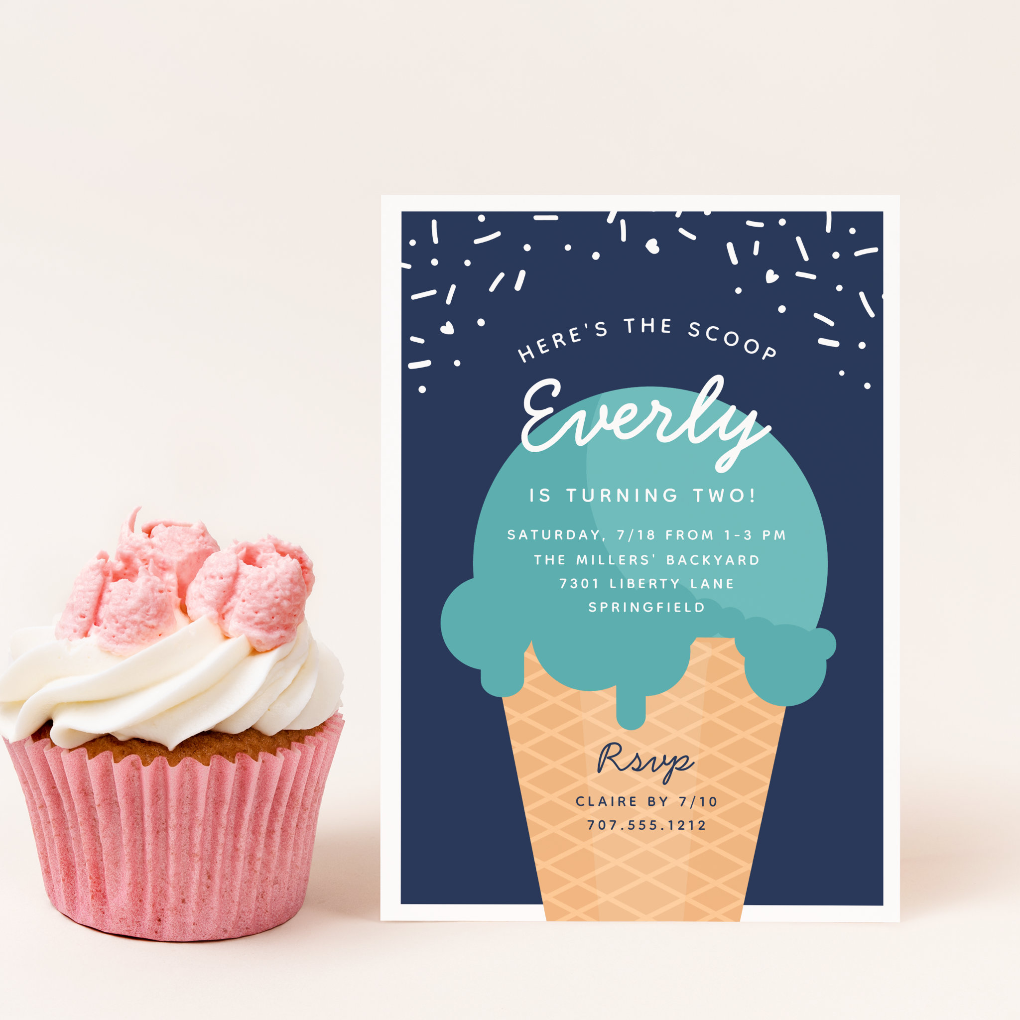 Here's The Scoop Ice Cream Cone Kid Birthday Party Invitation