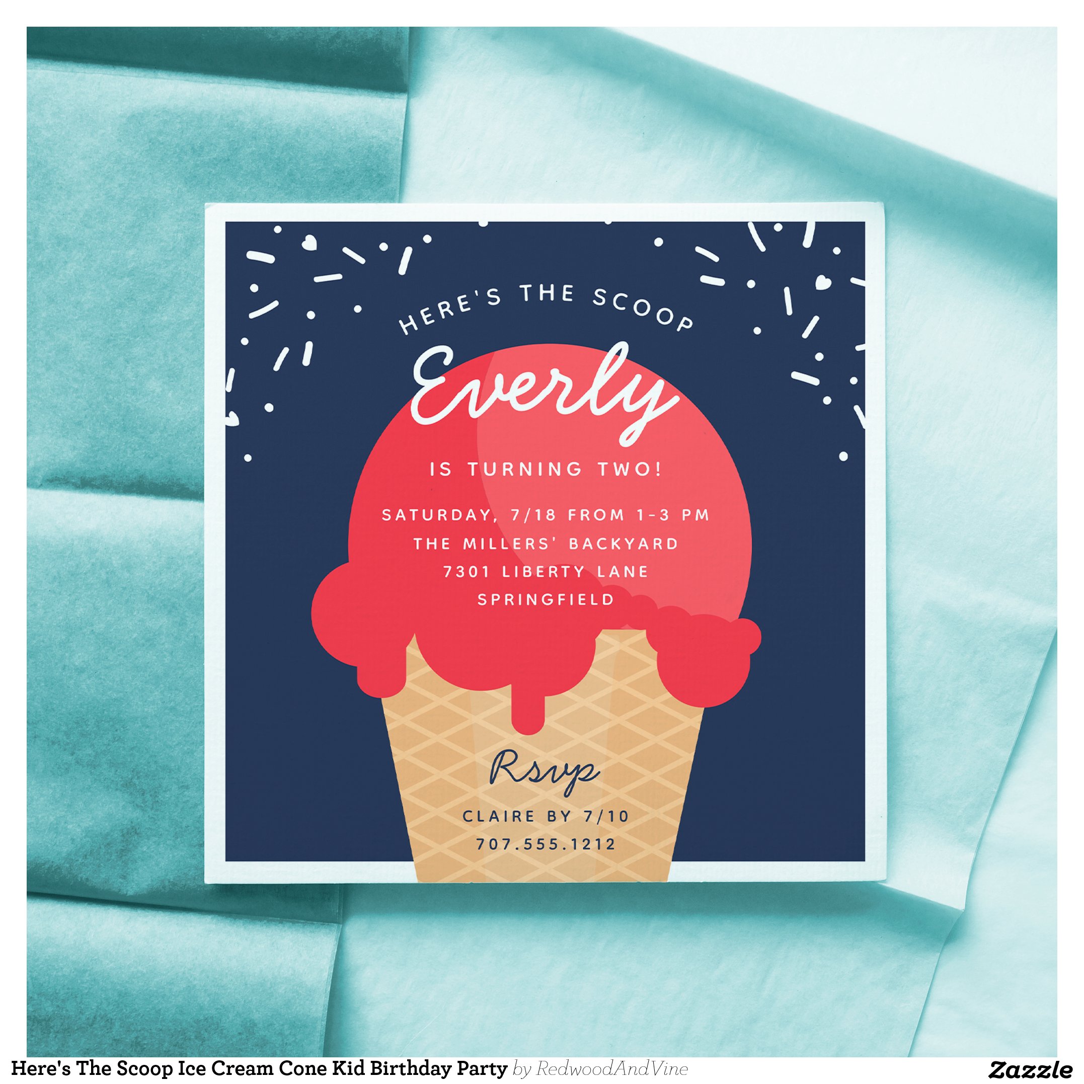 Here's The Scoop Ice Cream Cone Kid Birthday Party Invitation