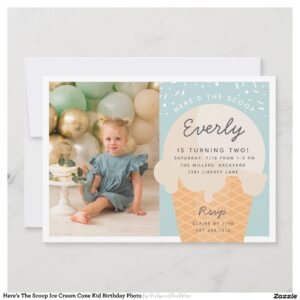 Here's The Scoop Ice Cream Cone Kid Birthday Photo Invitation