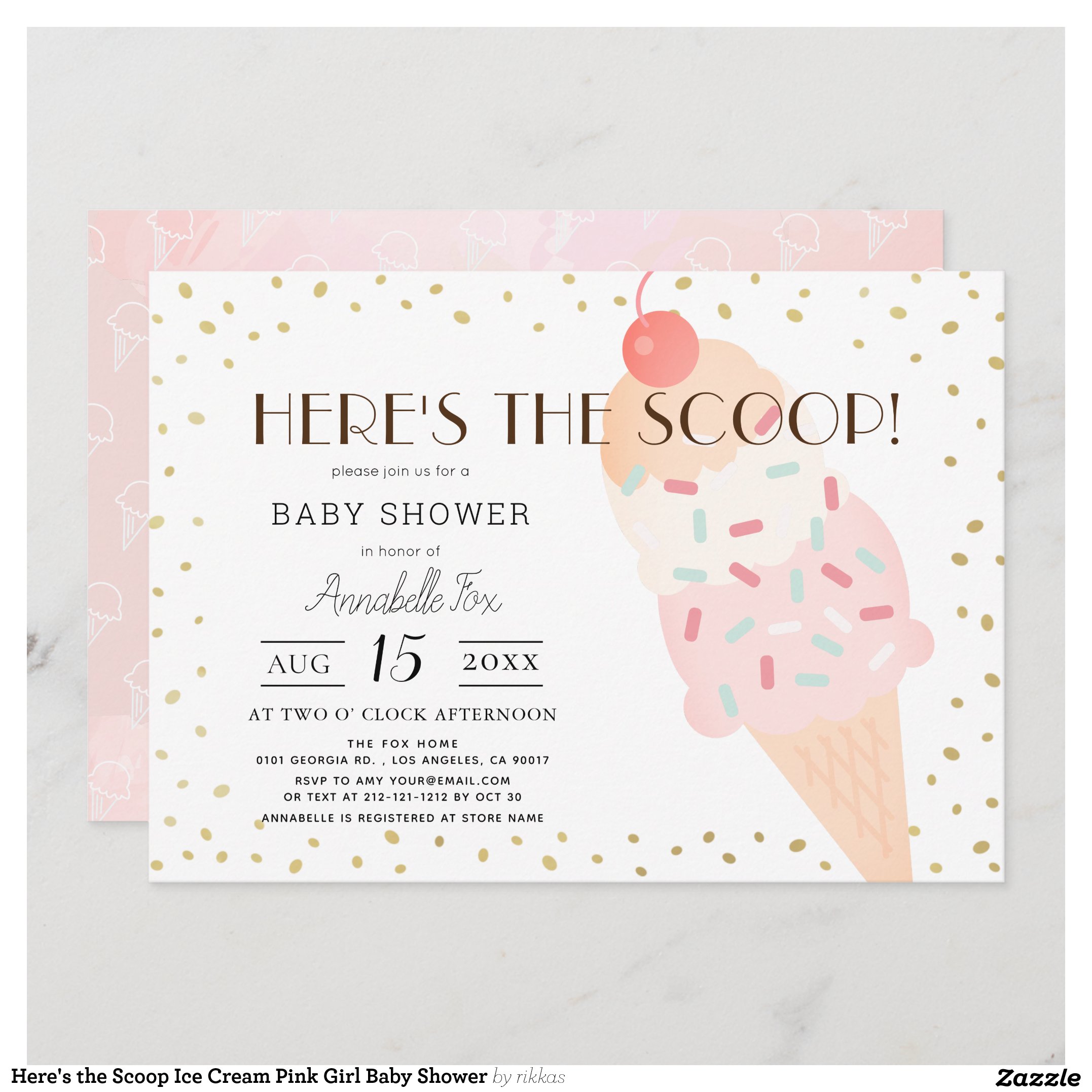 Here's the Scoop Ice Cream Pink Girl Baby Shower Invitation