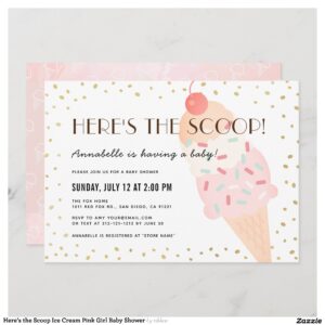 Here's the Scoop Ice Cream Pink Girl Baby Shower Invitation